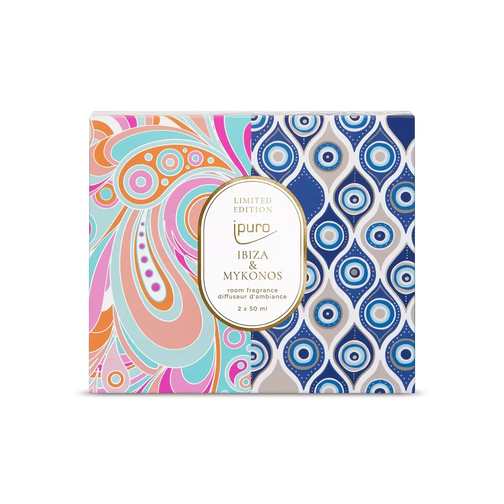 Limited Edition Ipuro Ibiza & Mykonos geschenkset met 2x50ml huisparfum in zomerse geuren
