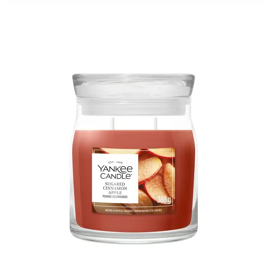 Yankee Candle Sugared Cinnamon Apple Signature Medium Jar, rode geurkaars in middelgroot glazen pot met deksel