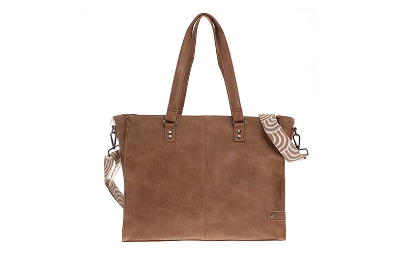 Camel Shopper/Schooltas Veghel in cognacbruin met gedessineerde schouderriem, vooraanzicht